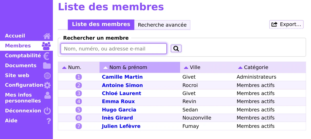 La liste des membres dans Paheko : recherche, filtre par catégorie, numéro, nom, ville et catégorie.